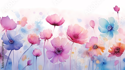 Delicate abstract watercolor flowers, bright cute color pattern