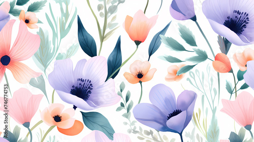 Delicate abstract watercolor flowers, bright cute color pattern © jiejie