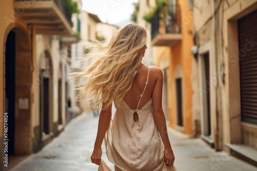 Beautiful young woman in the streets of the old European town . Caucasian woman walking through the streets of Europe. Travel concept.