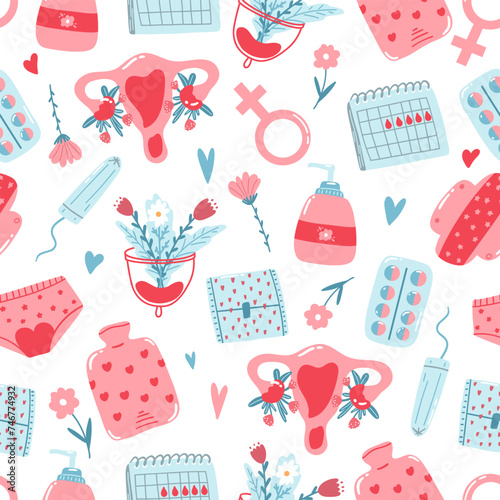 Hand drawn seamless pattern with menstrual period items as underwear, pads, tampons, blood drops. Colorful wallpaper in cartoon style.