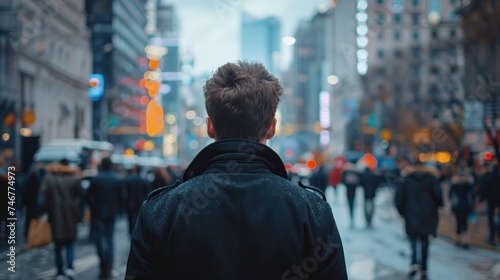 A young man in a black coat walks in a crowd along the street of a big city