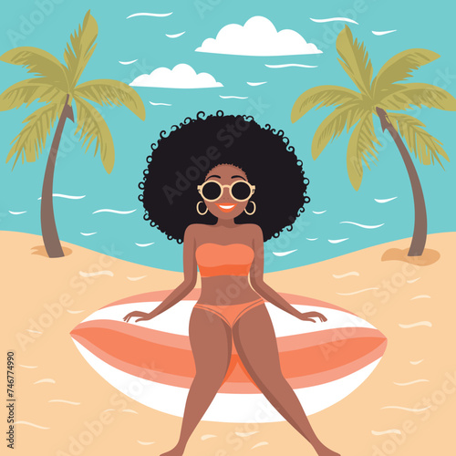 AfricanAmerican woman relaxing beach palm trees, wearing swimsuit sunglasses. Beach vacation summer fashion vector illustration