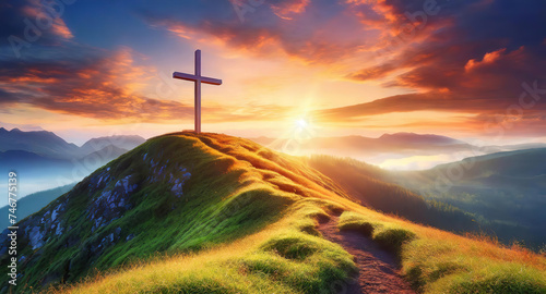 Eyecatching Wooden cross on the hill covered in greenery with the dolomites