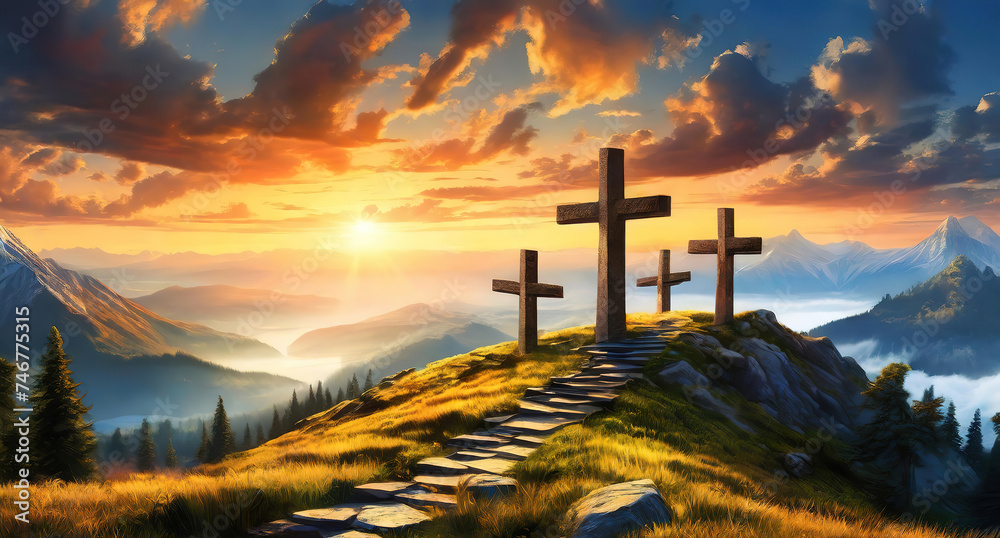 Bright Christian crosses on hill outdoors at sunrise, Resurrection of Jesus, Concept photo - obrazy, fototapety, plakaty 