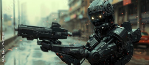 3D illustration a cyberpunk soldier of science fiction military robot patrolling city at day time. © yusufadi