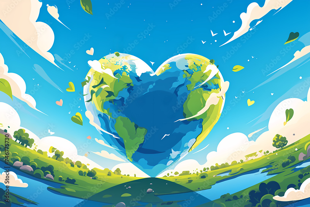Flat  illustration of Earth in the shape of a heart. Environmental care and holiday concept for Earth Day event.