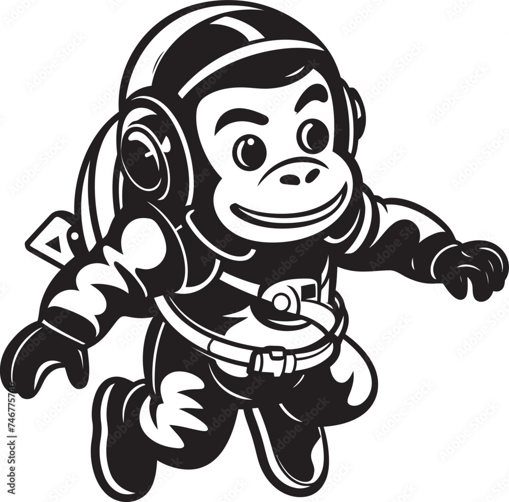 Galactic Gorilla Expedition Vector Icon Celestial Chimp Sojourn Black Vector Graphic