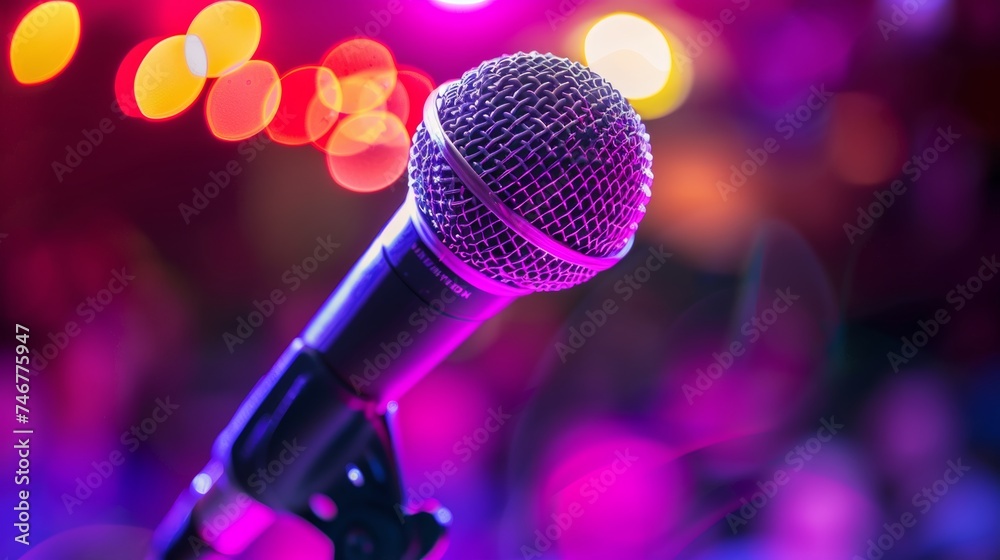 Obraz premium Spotlight on microphone stand in auditorium with expectant audience, live performance ambiance