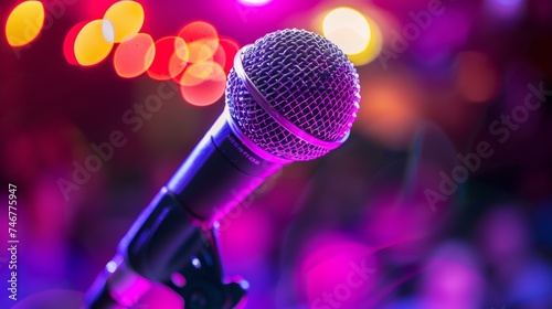 Spotlight on microphone stand in auditorium with expectant audience, live performance ambiance