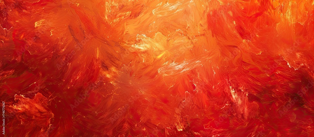 This close-up view showcases a vibrant painting dominated by fiery red and yellow tones. The bold colors create a dynamic and energetic composition, drawing the viewers attention to the intense flare This close-up view showcases a vibrant painting dominated by fiery red and yellow tones. The bold colors create a dynamic and energetic composition, drawing the viewers attention to the intense flare