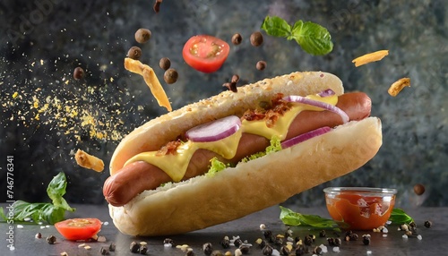 Fast food ingredients flying through the air with photo studio lighting, spices and condiments, cheese, vegetables, bread and different meats