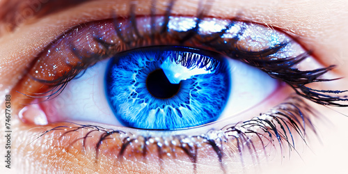 Oko kobiety, zoom na niebieską tęczówkę photo