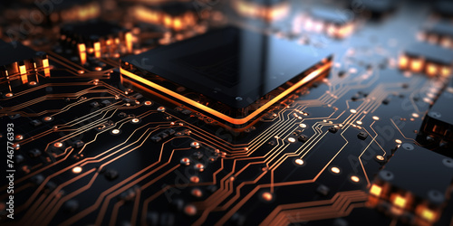 A sleek data center wallpaper Technology, Internet and network, Detail of an electrical circuit board or micro chip with a CPU. wide banner photo