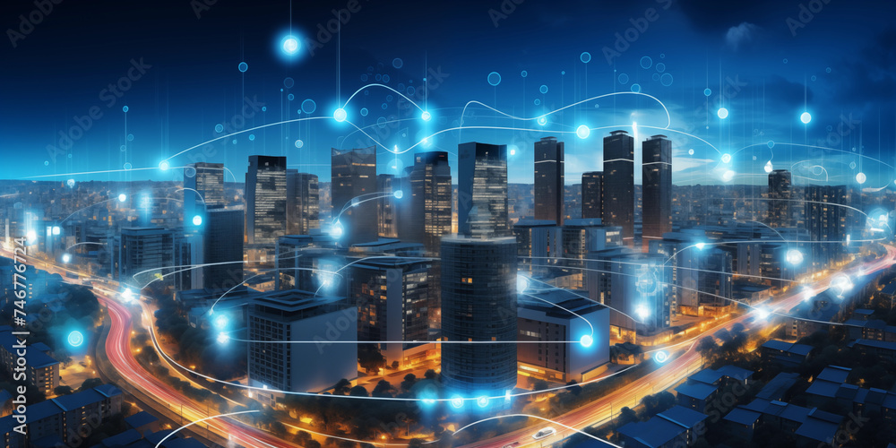 Obraz premium Modern City showed in Particles Hologram grandiose cityscape views Cyberpunk Style