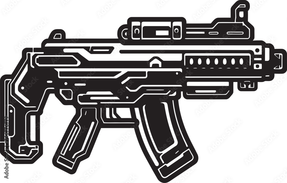 Nano Firepower Machinegun Icon Design Robotic Shooter Vector Weapon Emblem
