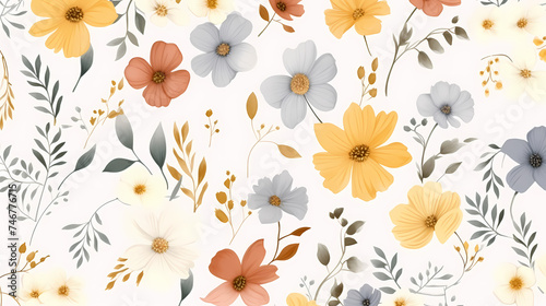 Delicate abstract watercolor flowers, bright cute color pattern