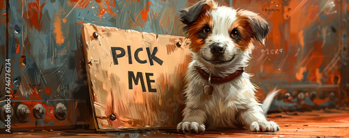 Adorable cartoon dog holding a pick me sign with a hopeful expression, evoking themes of adoption, choice, and companionship in a playful illustration style photo