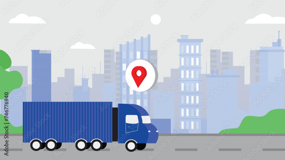 Tracking delivery truck. City skyline and truck. Illustrated vector.