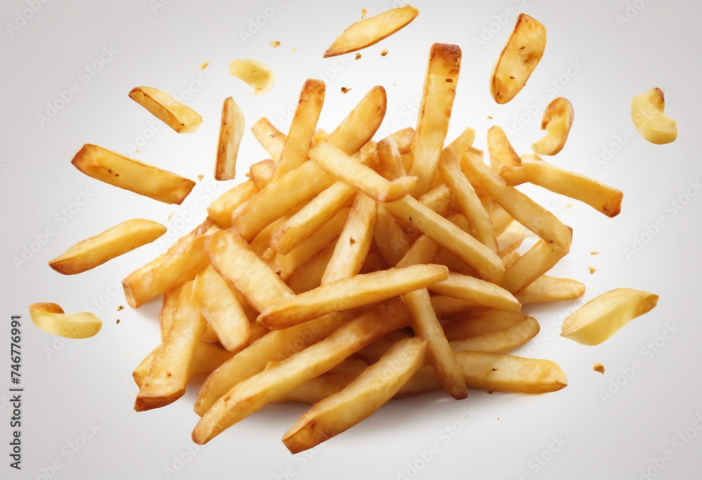 Flying French fries isolated on white background