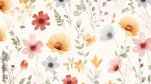 Delicate abstract watercolor flowers  bright cute color pattern