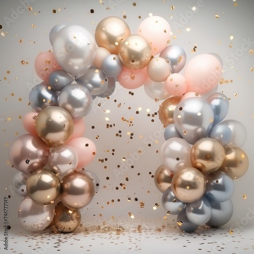 Beautiful abstract bright minimalistic background empty inside and with gold  silver  pink inflatable balloons