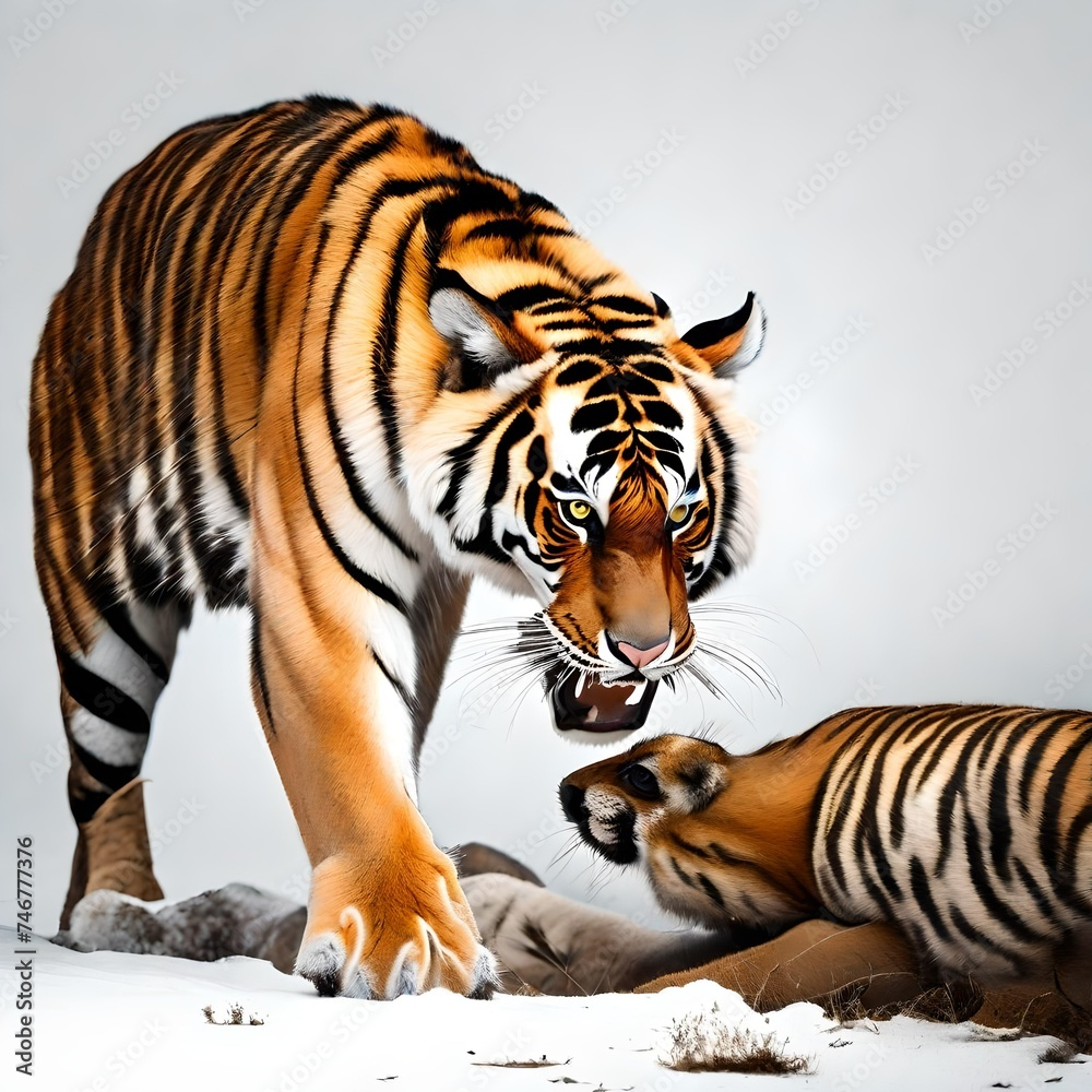 Obraz premium A huge tiger on a white background, devouring a pet.