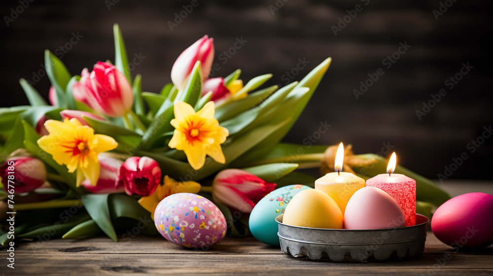 Easter eggs, candles and tulips on wooden background. Greeting card on an Easter theme. Happy Easter concept. Easter eggs, candles and tulips on wooden background. Greeting card on an Easter theme. Happy Easter concept.