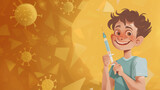Happy boy with syringe in his hands in front of yellow background banner with symbols of viruses, childhood flu and covid vaccination, copy space, 3:2