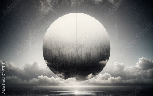 A surreal painting of a massive sphere, reminiscent of both the moon and the Earth, floating above a serene ocean