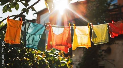 Clothes were hung on a clothesline under the hot sun