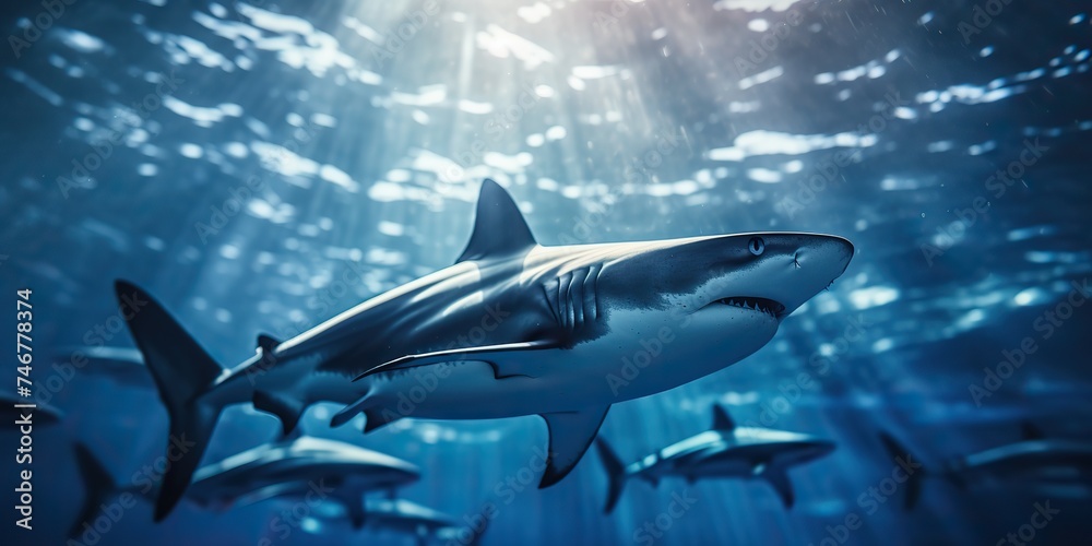 Wild life under water nature outdoor sea ocean big fish blue shark background. Deep dive scuba diving hunter animal Wild life under water nature outdoor sea ocean big fish blue shark background. Deep dive scuba diving hunter animal
