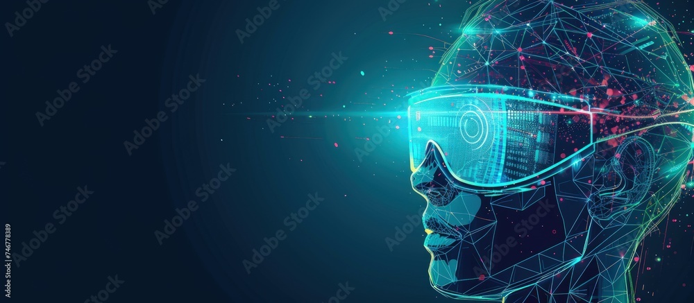 Man wearing virtual reality glasses with digital colorful holographic. AI generated image