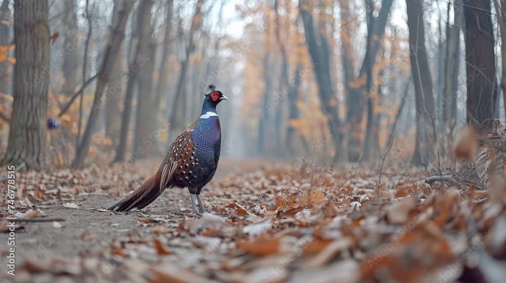 Wild pheasant in natural habitat with blurred forest field background and copy space for text