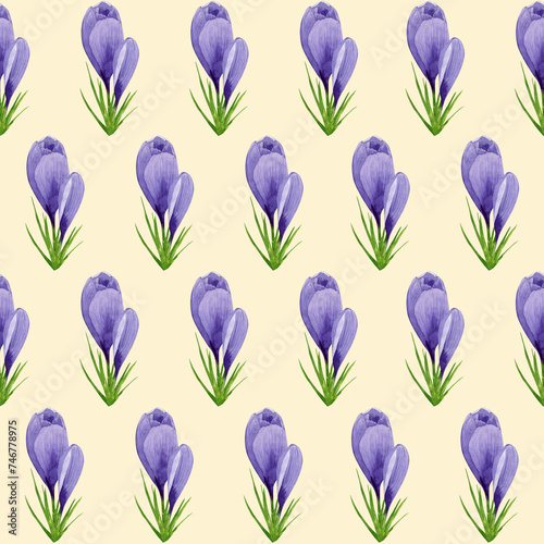 Watercolor purple crocuses seamless pattern, spring flower digital paper on yellow background. Hand painted floral illustration. For textile design, packaging, wrapping paper, wallpaper, scrapbooking.