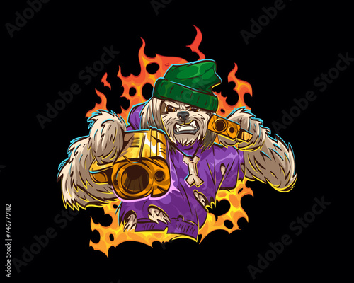Shih tzu breed dog gangster holding a gun in his paws. Sticker style. Hand drawn vector illustration. 