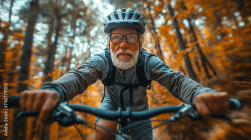 Elderly man riding a bicycle through forest © Elena