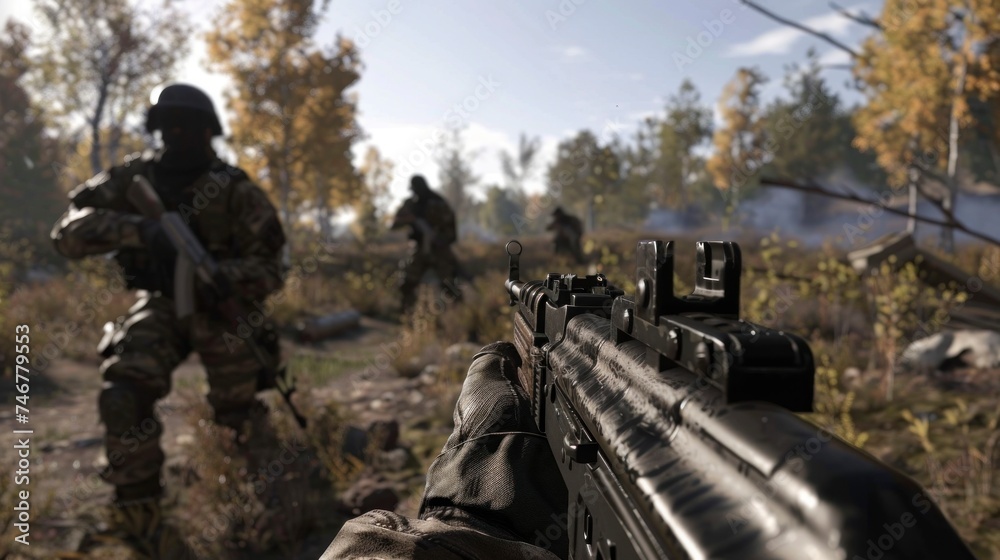3D games of first-person soldiers in a war with real weapons in high resolution and high quality. concept real weapons video games 3D games of first-person soldiers in a war with real weapons in high resolution and high quality. concept real weapons video games