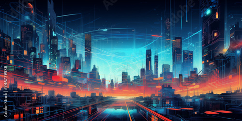 neon cyber city in different colors. Smart Network and Connection city, safeguarding of information and networks through cybersecurity
