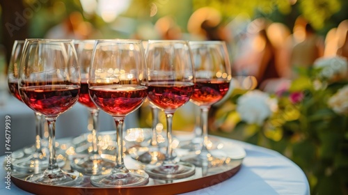 Many glasses of red wine stand on a tray