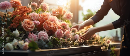 the florist handles a casket before the funeral photo