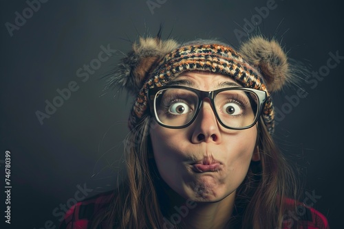 Woman Wearing Glasses and Hat Making Funny Face photo