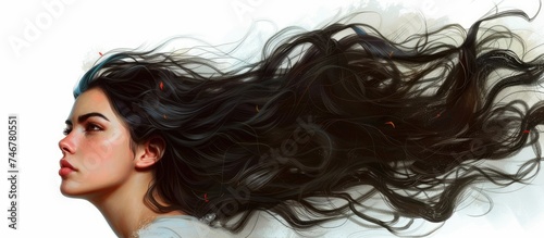 A painting featuring a young lady with dark, flowing hair against a plain white background. The womans long hair cascades down her back, framing her face delicately.