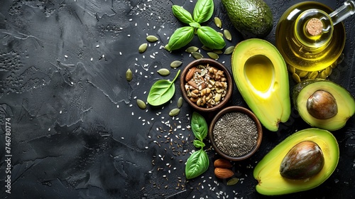 Assorted healthy fats food selection with avocado, nuts, seeds, and olive oil on wooden background