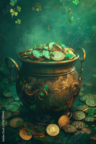 A pot with coins and shamrocks. St. Patrick's day card