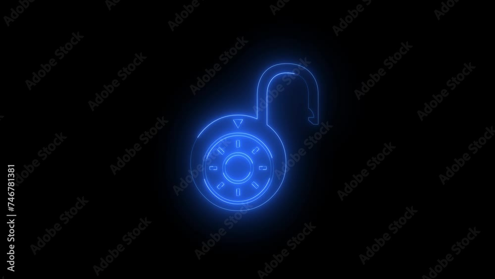 Neon glowing blue unlock icon animation in black background Neon glowing blue unlock icon animation in black background