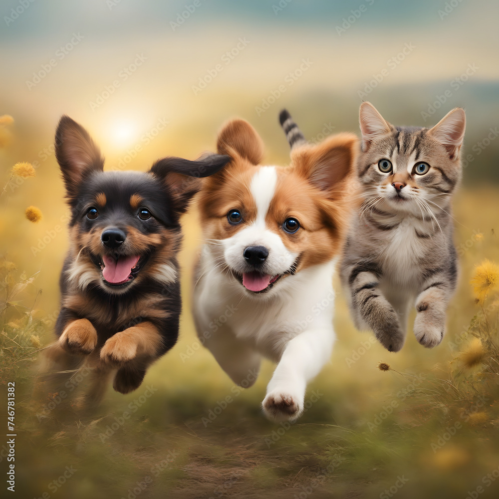 Cute funny dog and cat group jumps and running and happily a field blurred background Cute funny dog and cat group jumps and running and happily a field blurred background