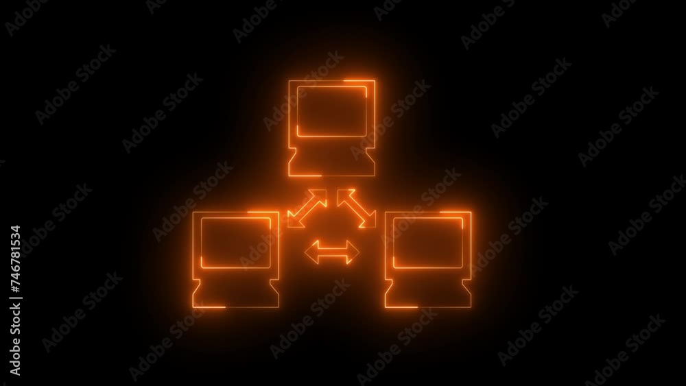 Neon glowing brown computer network icon animation in black background