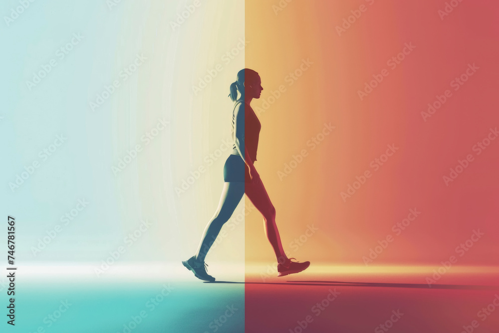 Silhouette of a woman walking between colorful gradient background Silhouette of a woman walking between colorful gradient background