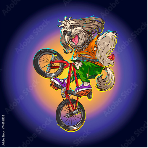 Shih tzu breed dog rides a bicycle. Sticker style. Hand drawn vector illustration. 