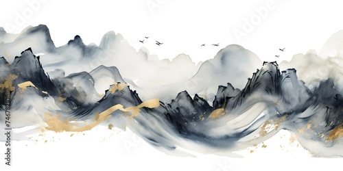 Abstract geometric drawing painting ink sketch golden brown mountains hills rocks on white background. Adventure explore photo